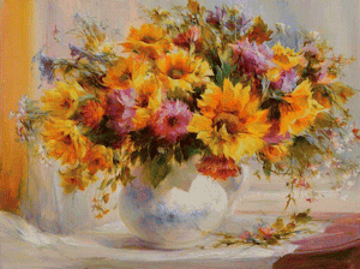 Желтый букет - цветы, желтый, пейзаж, кувшин, картина, осень, букет - предпросмотр