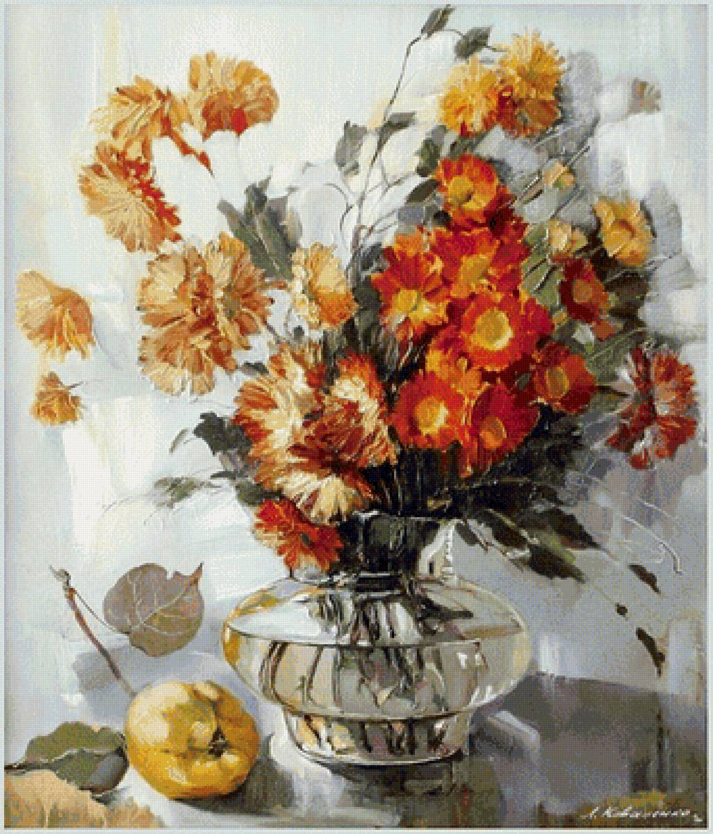 Осенний букет - букет, цветы, осень, желтый, пейзаж, кувшин, картина - предпросмотр