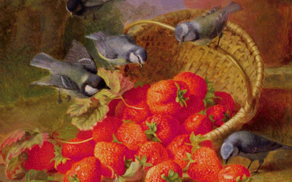 Синички и клубника - птицы, клубника, корзина - предпросмотр