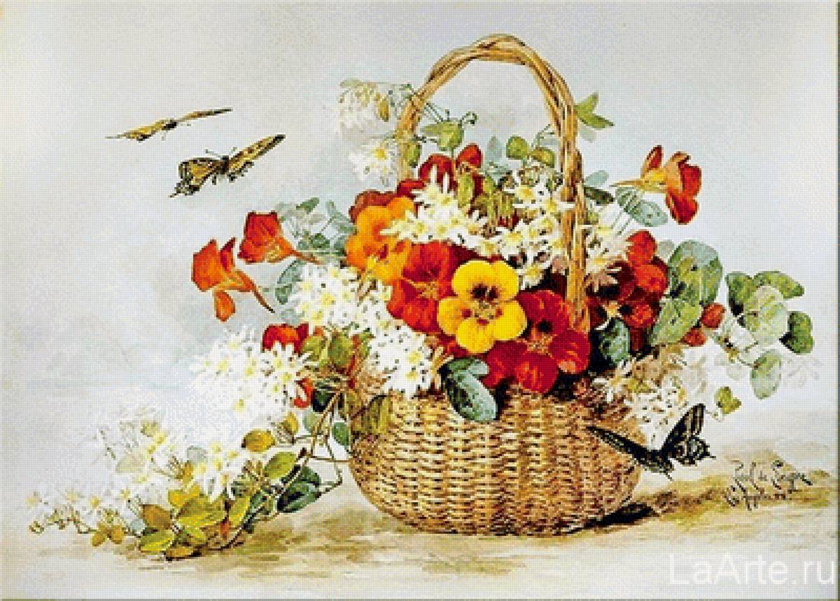 Корзина с Настурцией - цветы, бабочки, корзина - предпросмотр