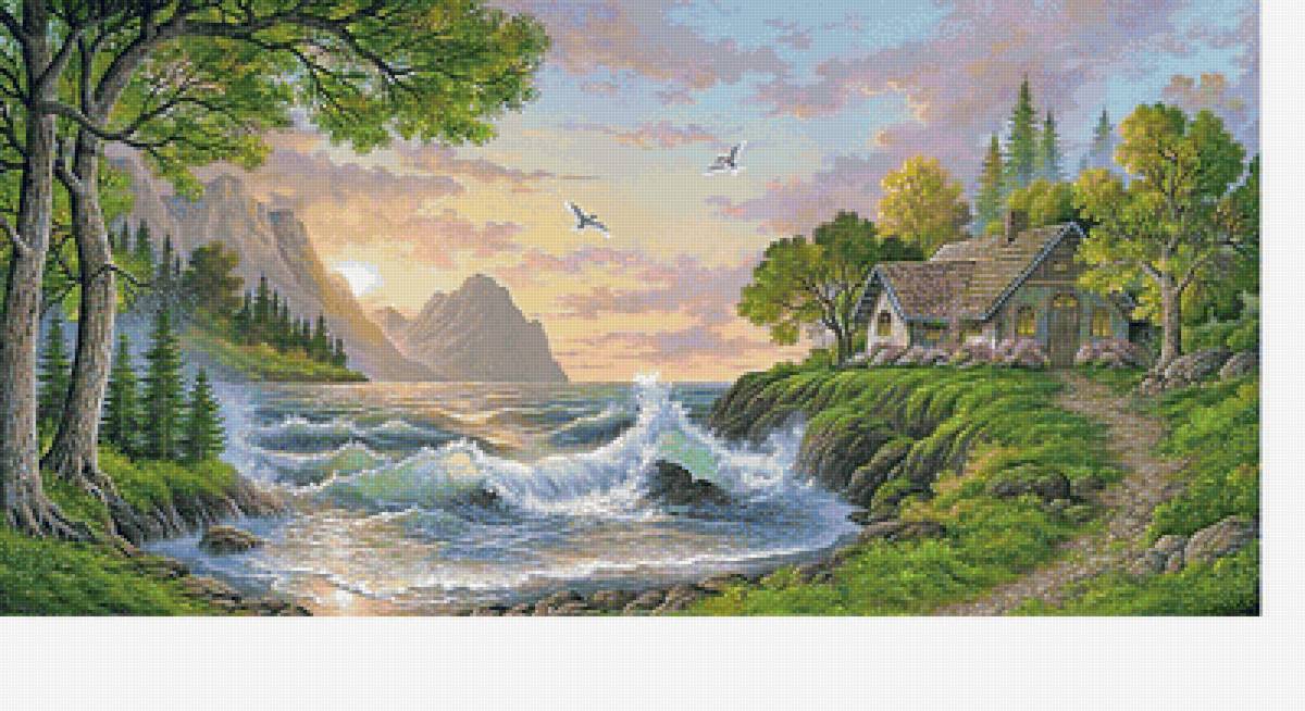 Морской пейзаж - дом, волны, морское, море, горы - предпросмотр