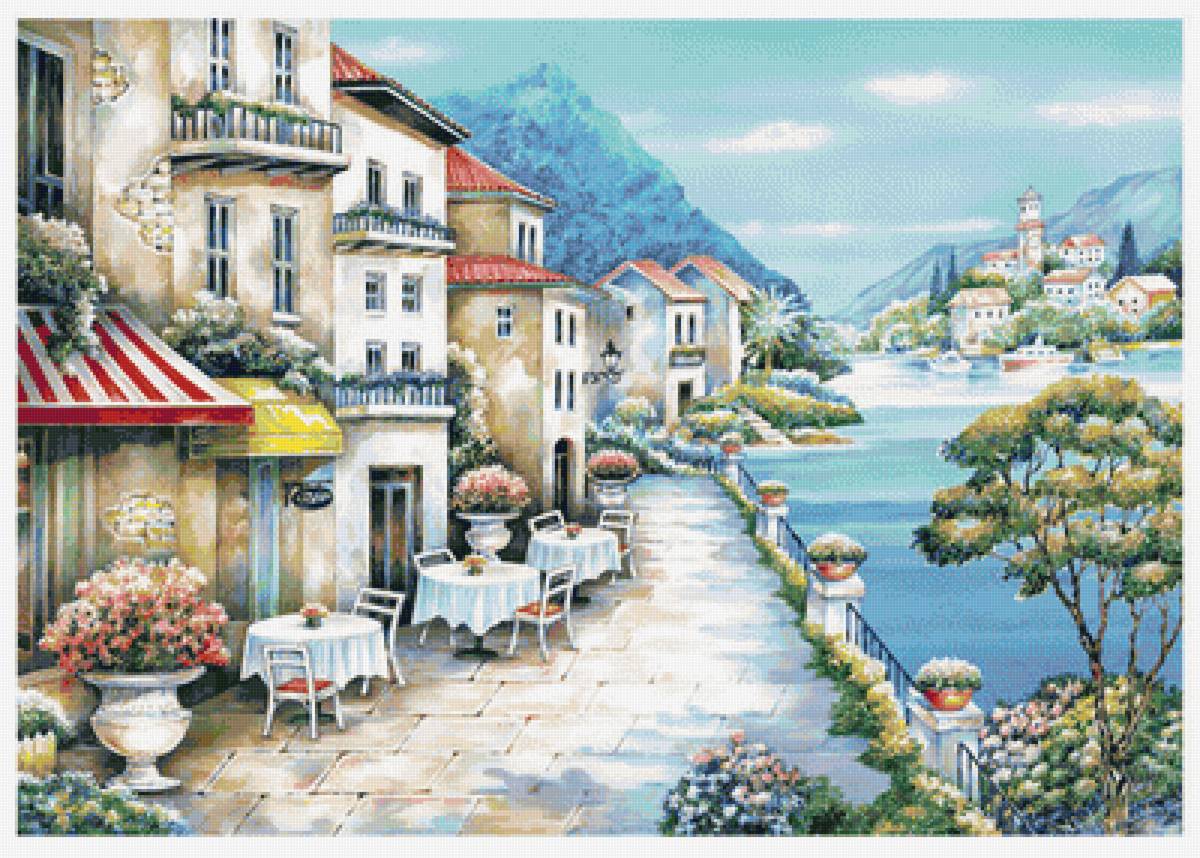 Пейзаж - улочка, кафе, морское, море, домики, горы - предпросмотр