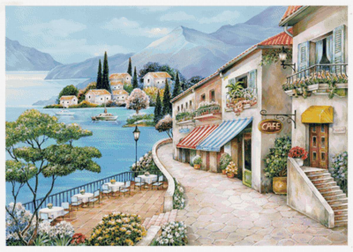 Пейзаж - домики, кафе, морское, горы, море, лодка - предпросмотр