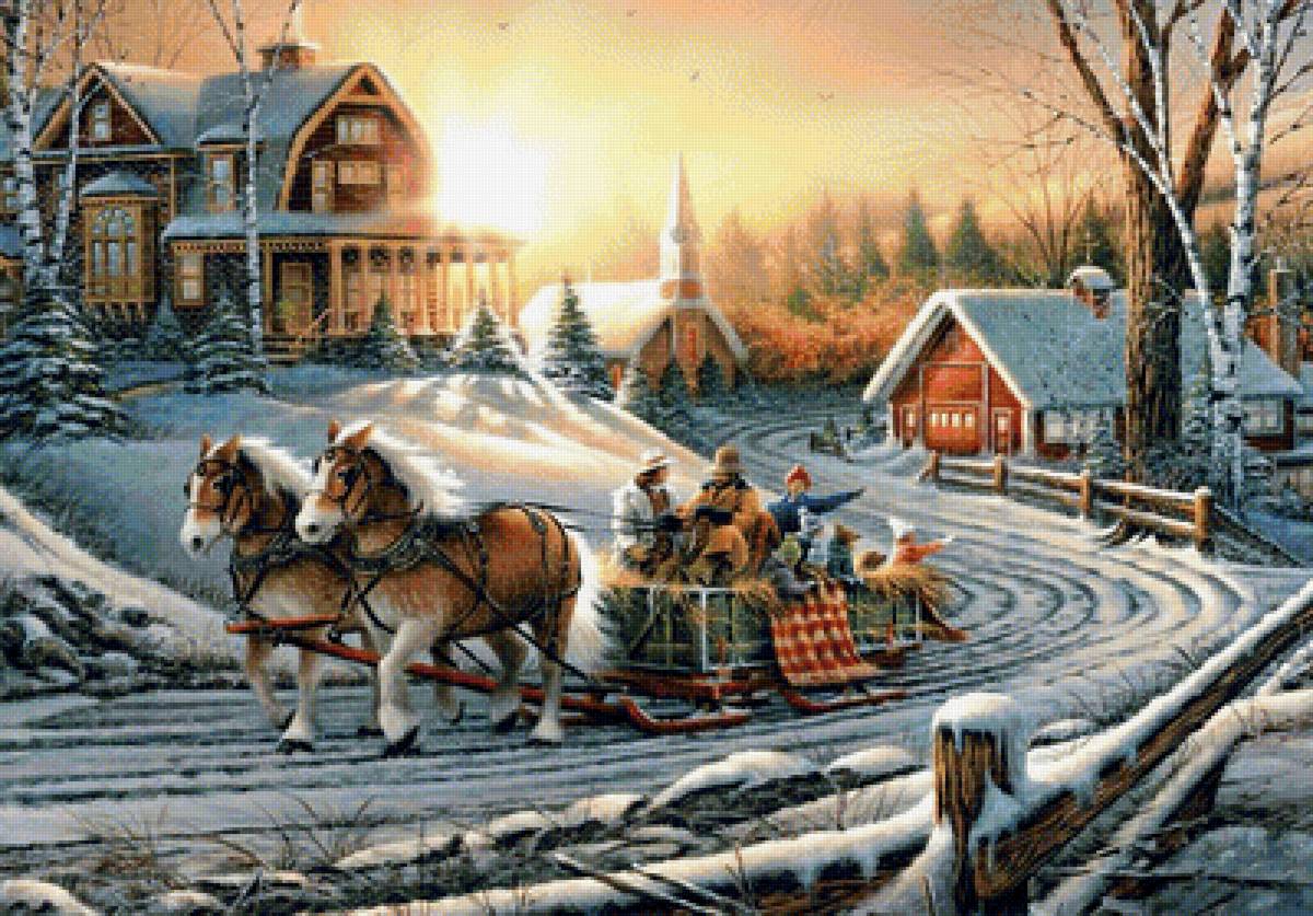 Зимняя прогулка - люди, зима, закат, лошади, пейзаж, зимний пейзаж, сани - предпросмотр