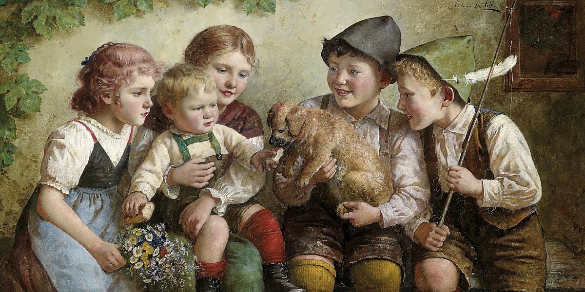 дети со щенком - картина - оригинал