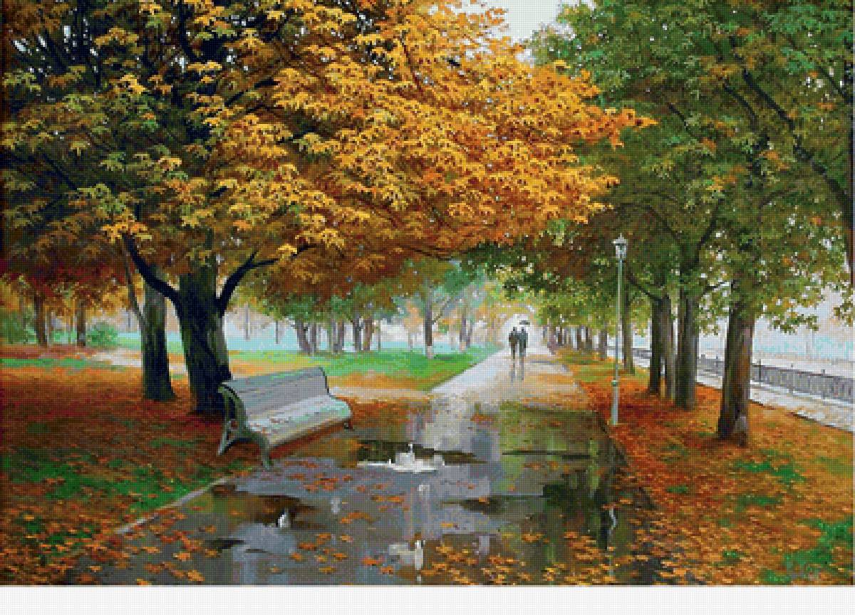 Осенний парк - дождь, парк, скамейка, осень - предпросмотр