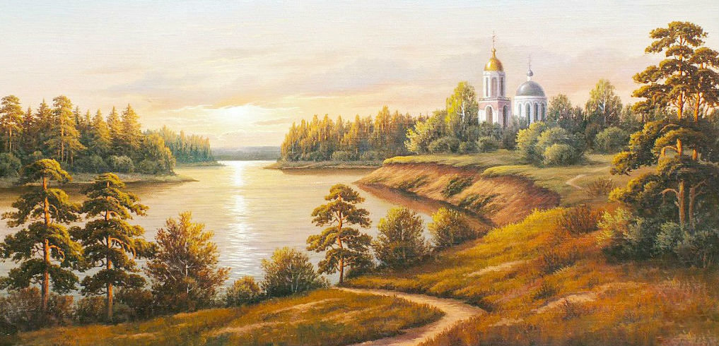 Пейзаж - закат, церковь, осень, река - оригинал