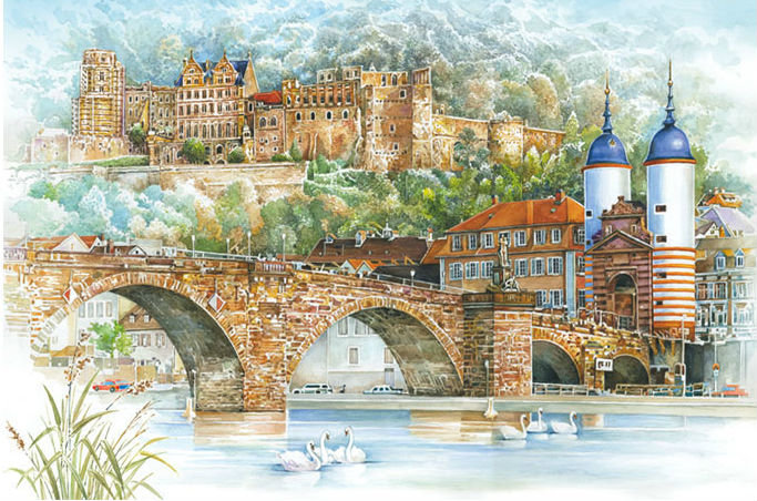 Пейзаж - лебеди, мост, городской пейзаж - оригинал