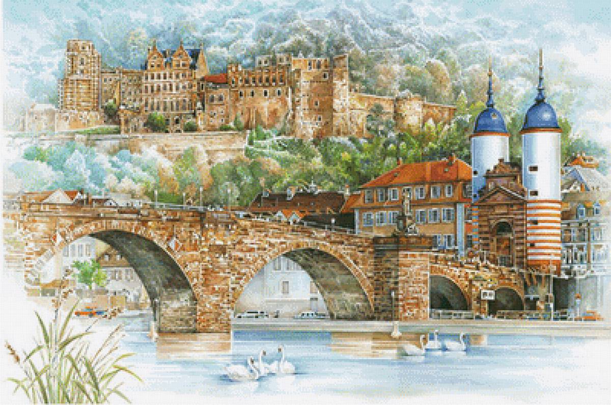 Пейзаж - мост, лебеди, городской пейзаж - предпросмотр