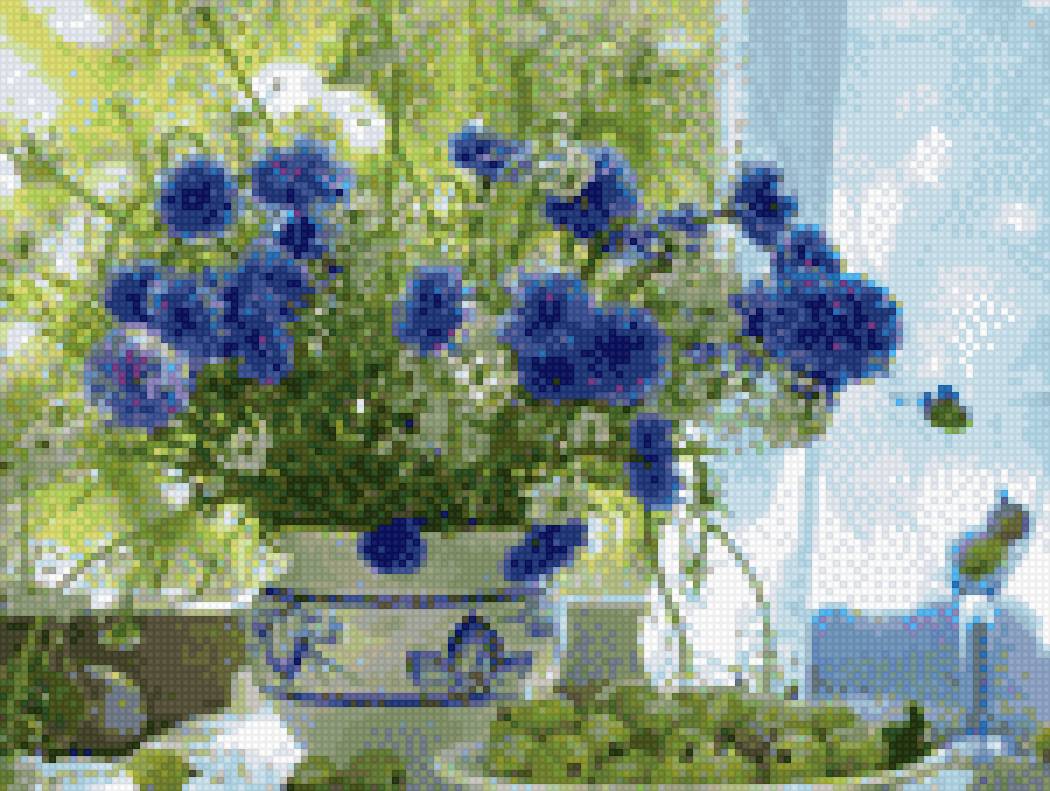 Натюрморт с крыжовником - ваза, стол, зелень, васильки, ромашки, крыжовник - предпросмотр