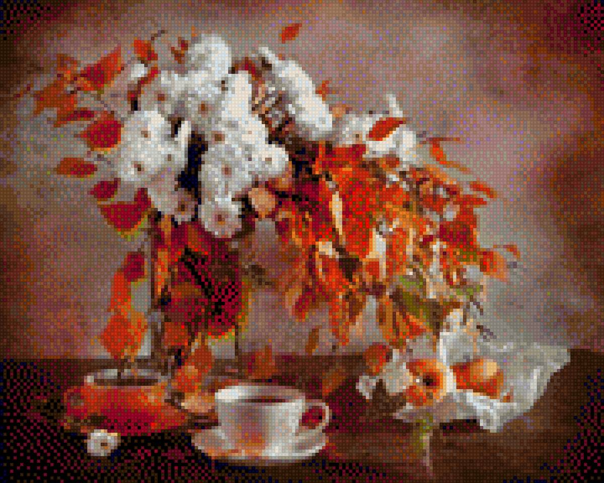 Очаровательный осенний натюрморт - ваза, чашка, цветы, листья, стол - предпросмотр