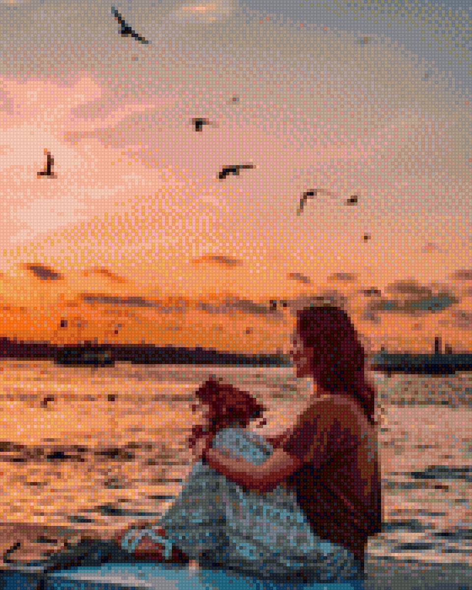 Мечтательница - чайки, девушка, закат, море, камень - предпросмотр