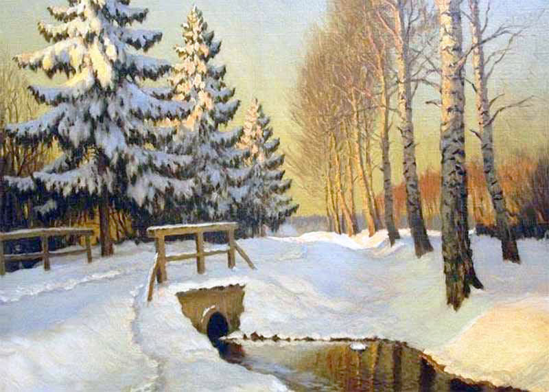 Зимние сумерки - снег, пейзаж зима, вода, природа, мостик - оригинал