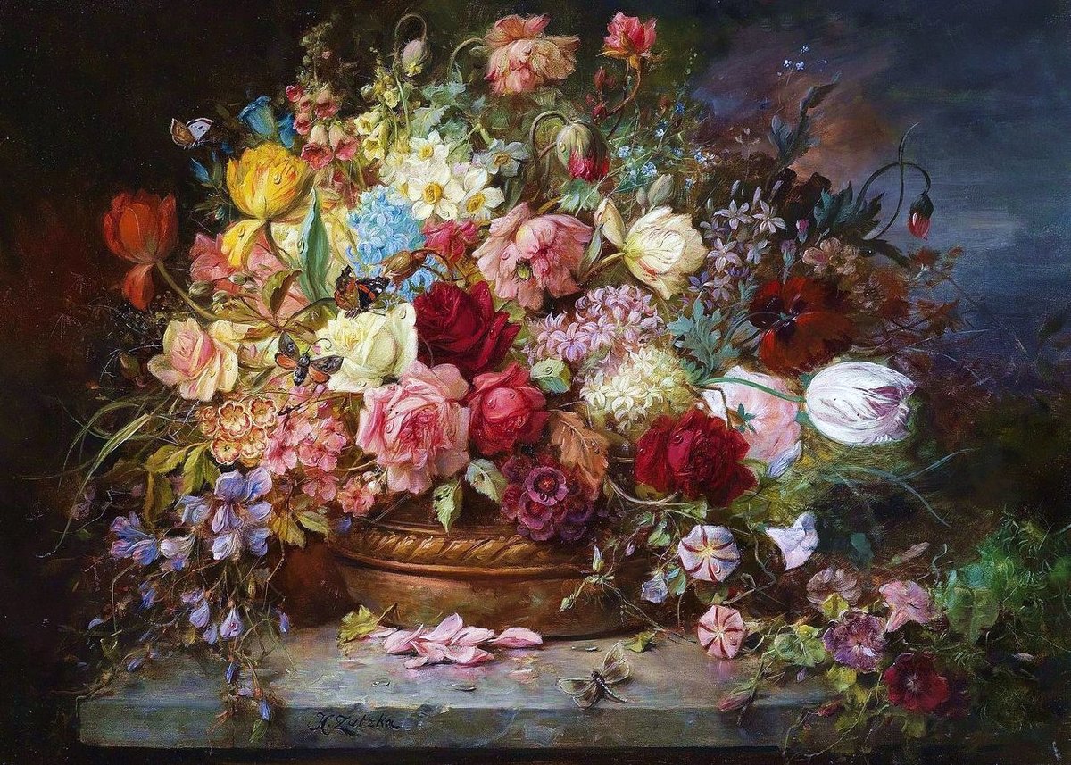 Букет цветов в медной вазе - ханс, зацка, цветы, букет, натюрморт - оригинал