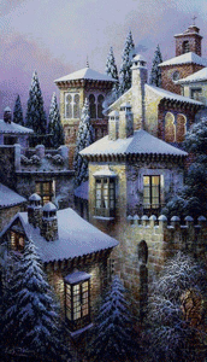 Заснеженный город - город снег крыши ночь - предпросмотр