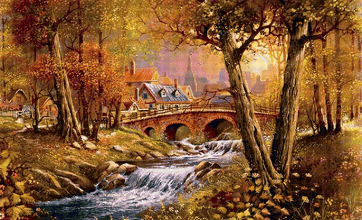 Серия "Волшебные домики" - речка, пейзаж, дома, природа, мост, лес - предпросмотр