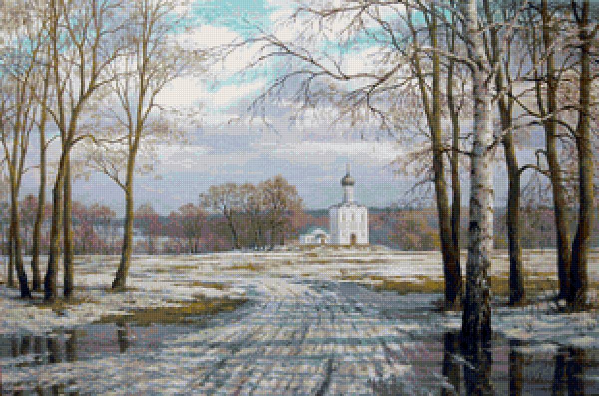 Худ. Булыгин - природа, деревья, снег, пейзаж весна - предпросмотр