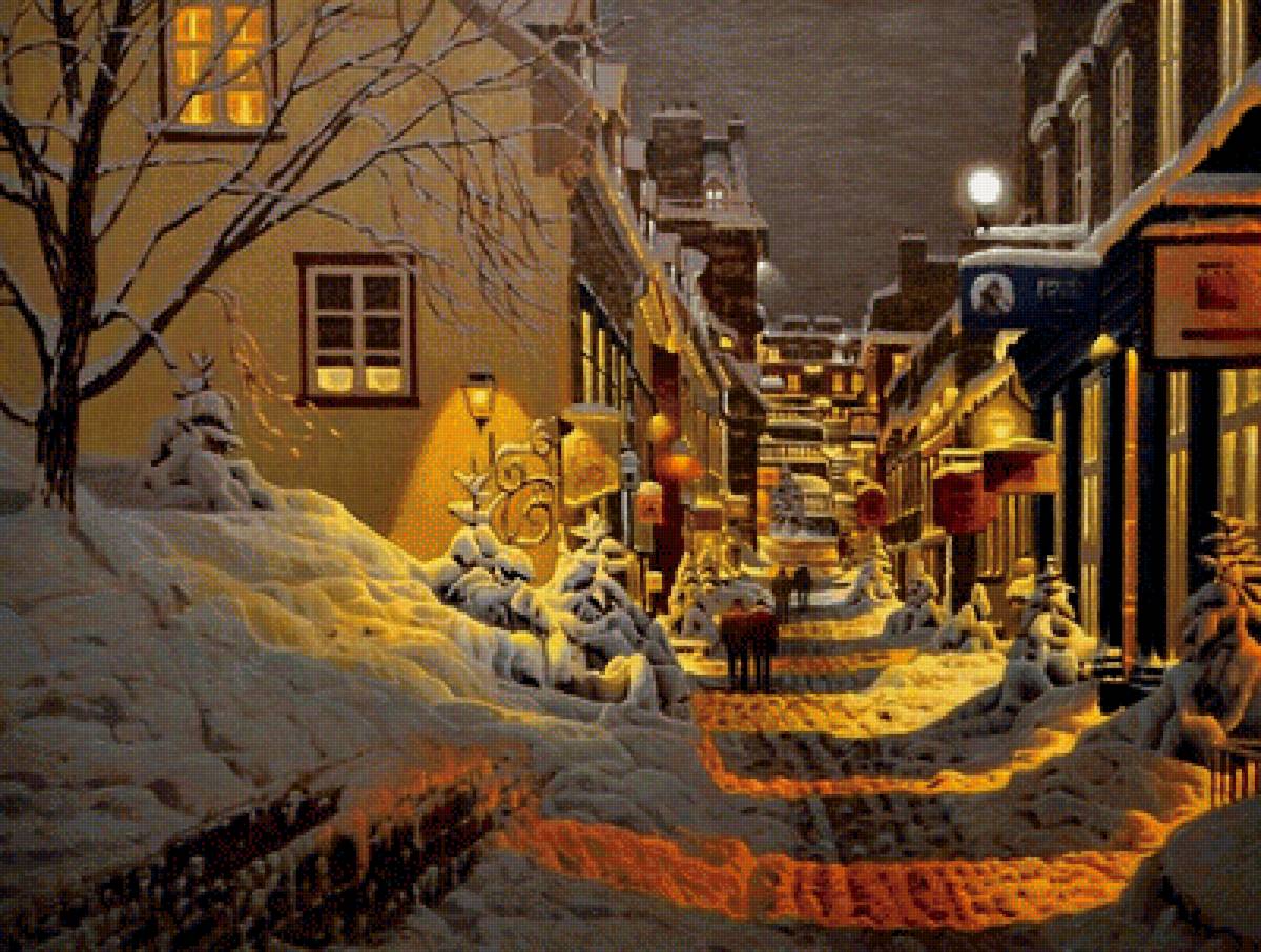 Зимняя дорога - дома, улица, вечер, снег, люди, город - предпросмотр