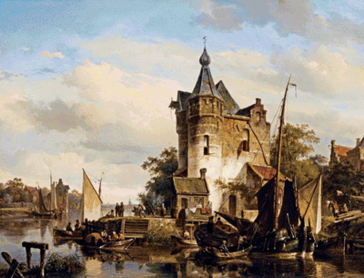 Городской пейзаж 6 - живопись, река, старинные здания, парусник, городской пейзаж - предпросмотр