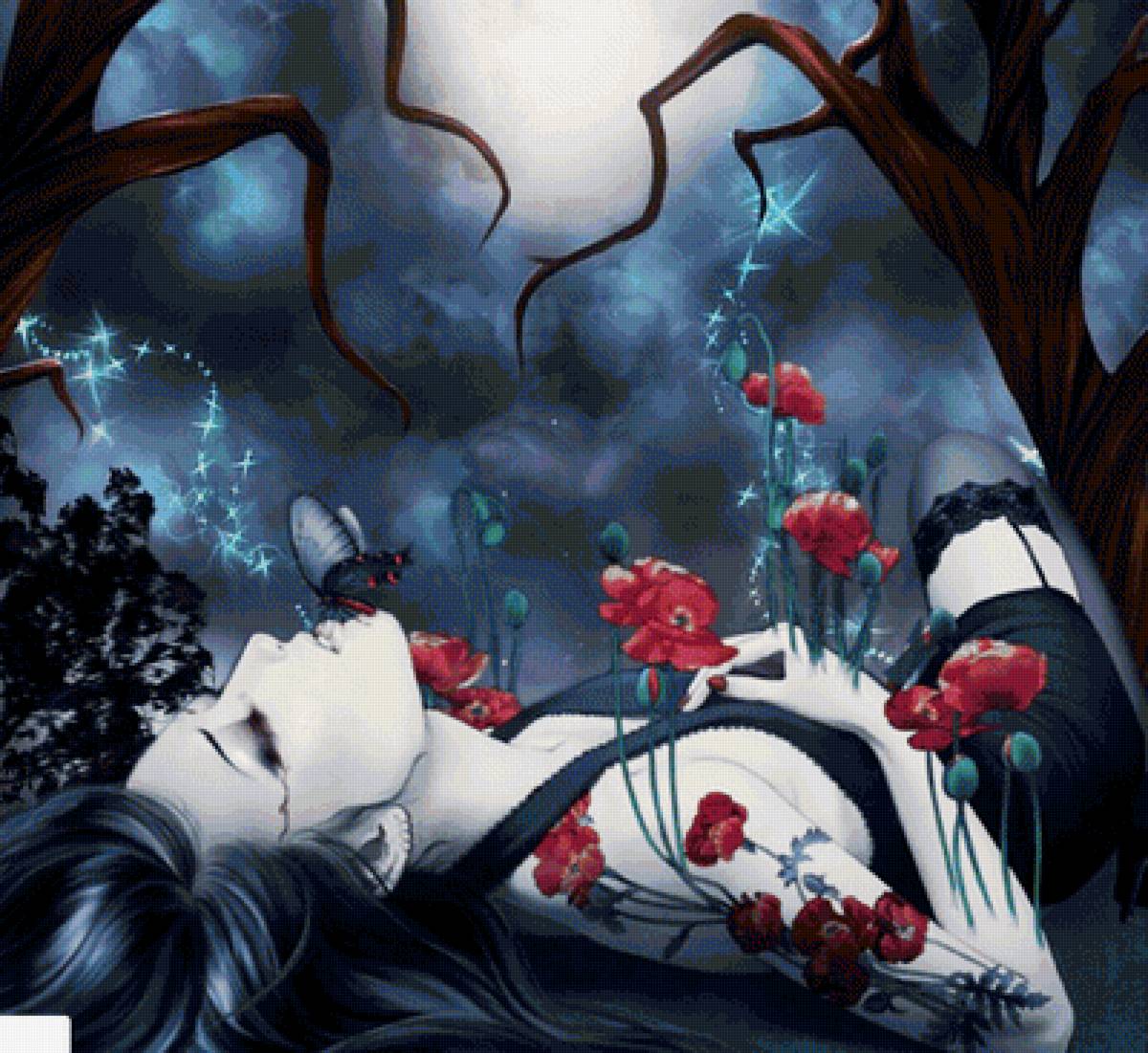 Магия сна - сюрреализм, сон, маки, девушка, ночь - предпросмотр