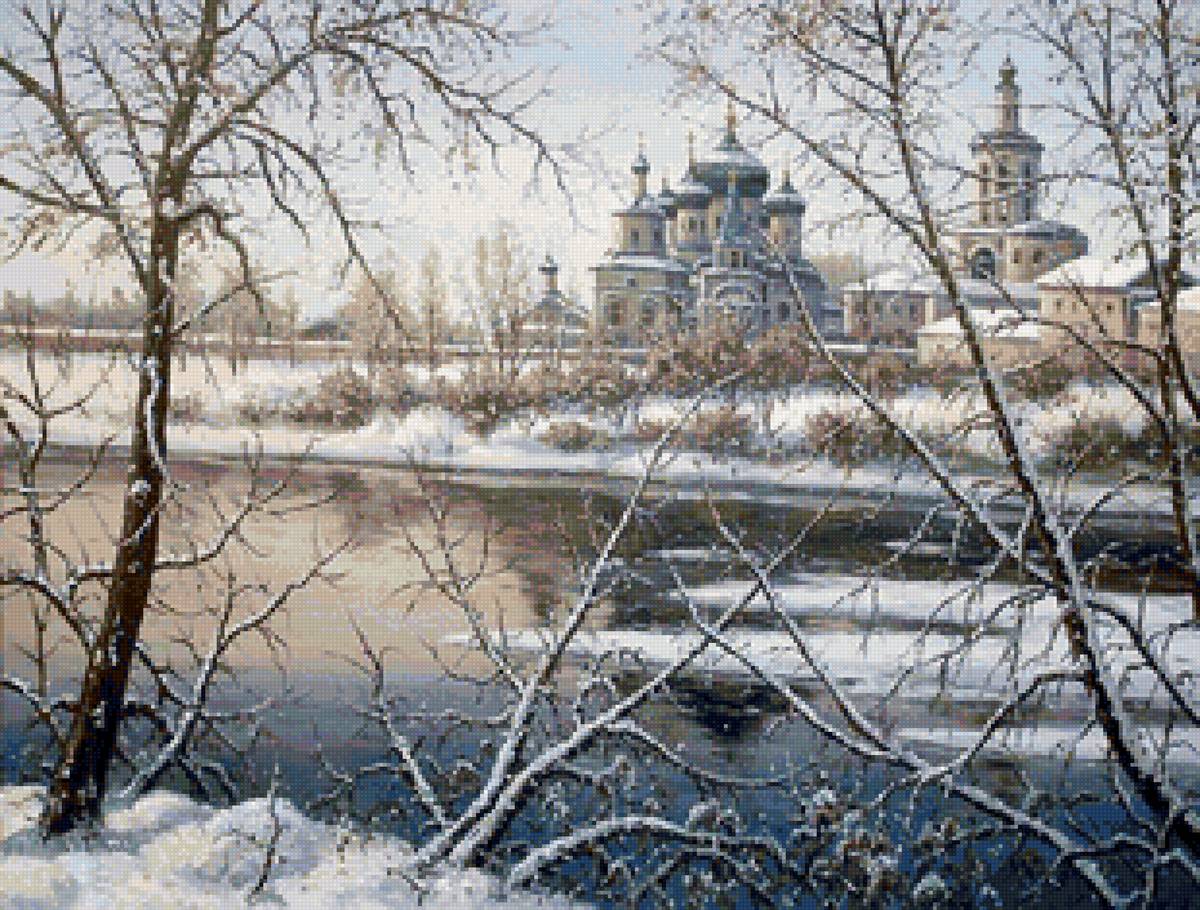 Худ. Ханаин С. - снег, пейзаж зима, природа, вода, церковь - предпросмотр