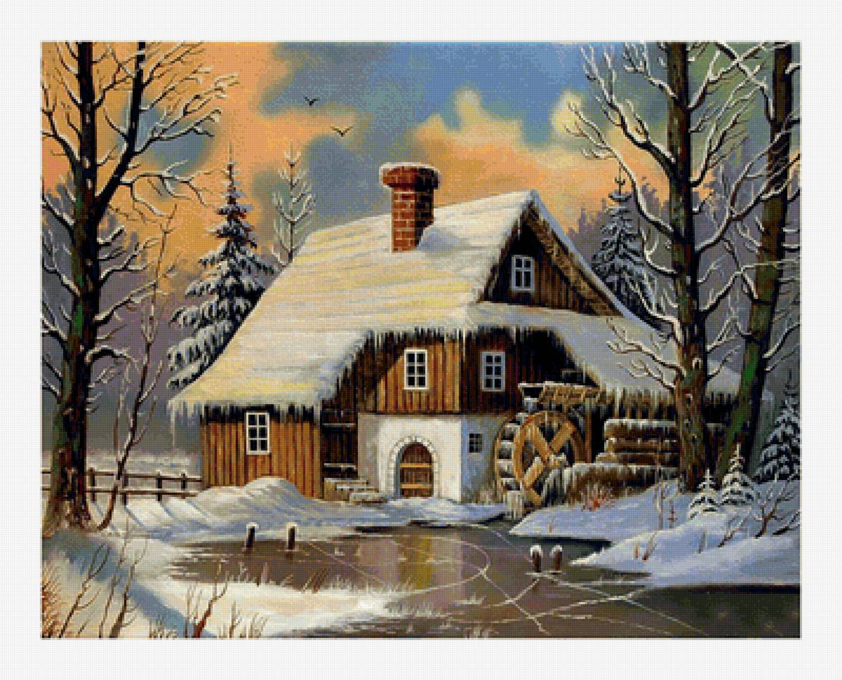 Серия "Волшебные домики". Мельница - природа, речка, пейзаж, мельница, лес, зима - предпросмотр