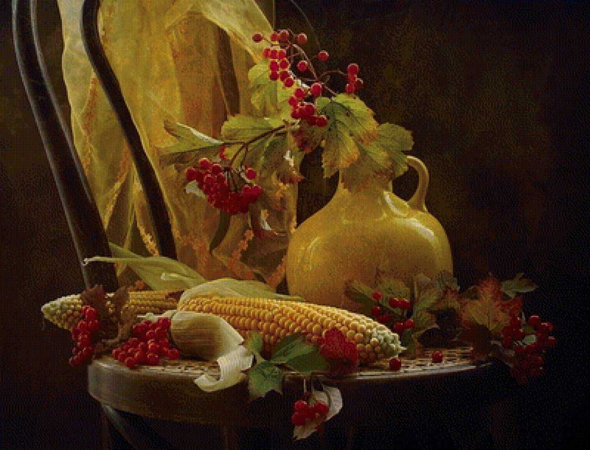 Натюрморт с кукурузой - стул, рябина, корзина, кукуруза - предпросмотр