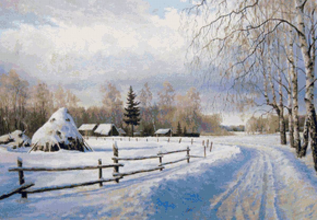 Худ. Булыгин Иван - природа, снег, деревня, пейзаж зима - предпросмотр