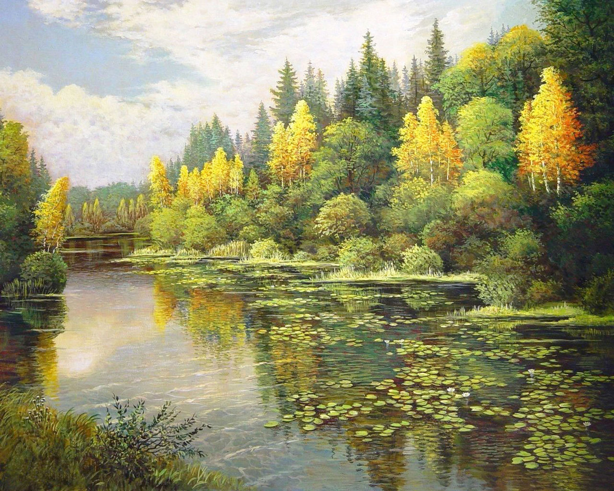 Худ. Марк Калпин - пейзаж осень, лес, озеро, природа - оригинал