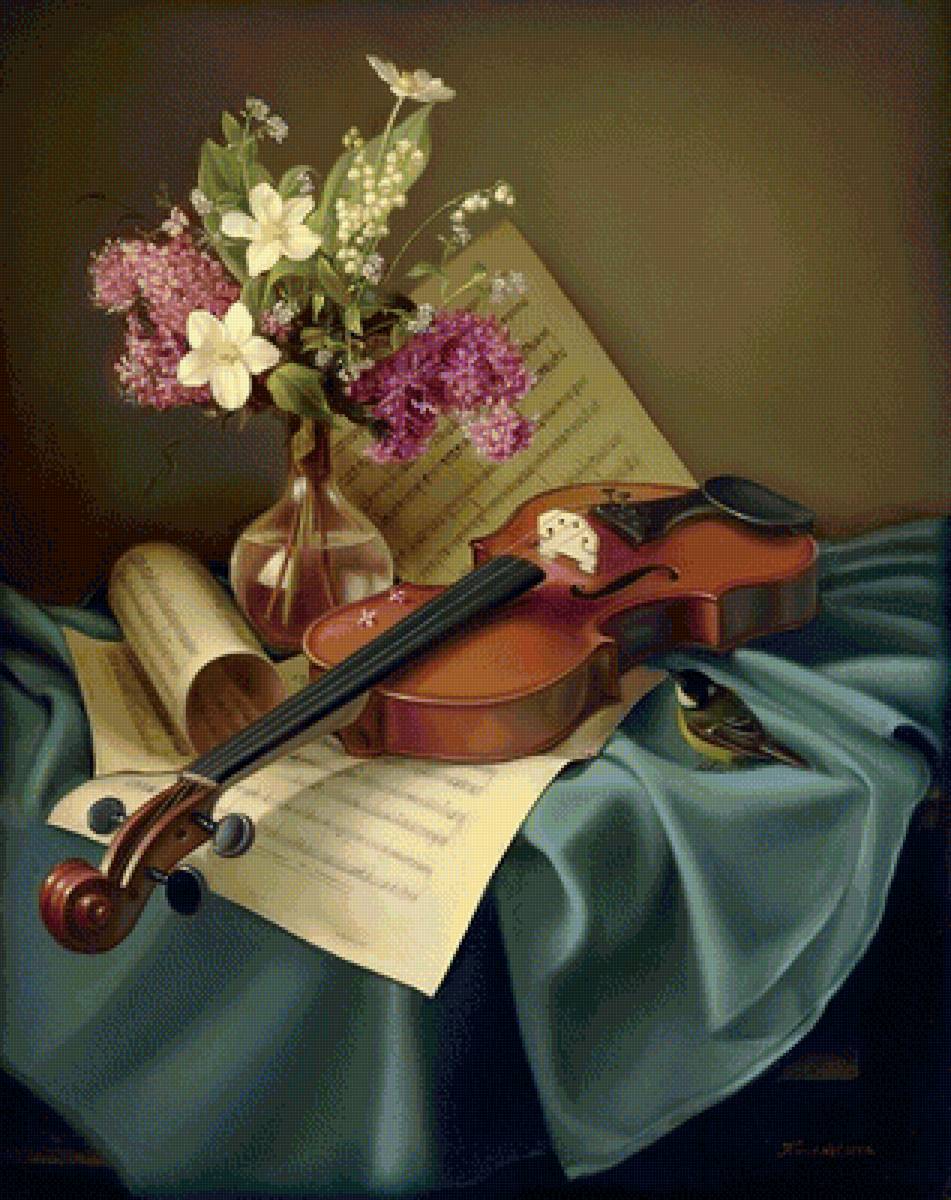 skripka - птицы, цветы, скрипка, музыка - предпросмотр