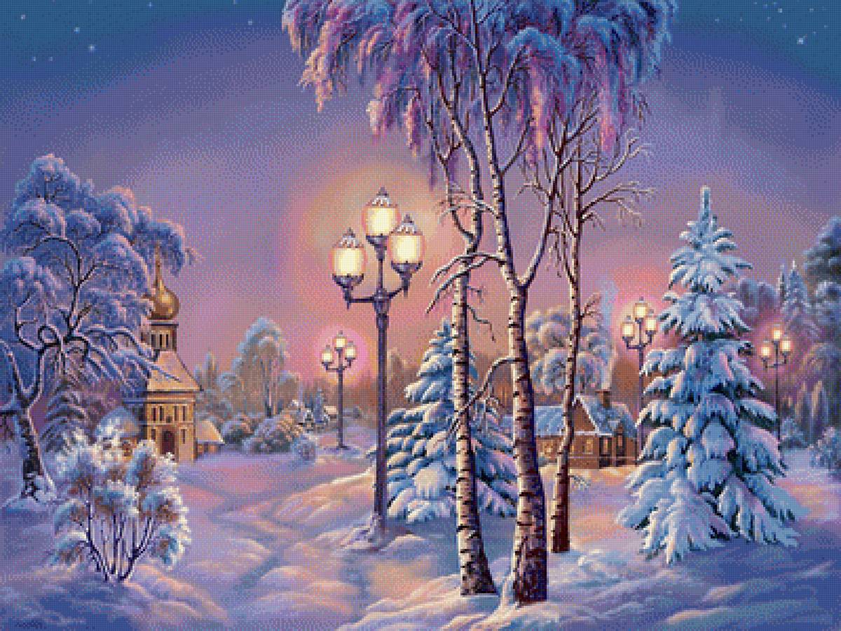 Зима в лесном городке. По картине худ. Виктора Цыганова - лес, деревня, зима, фонари, ночь - предпросмотр