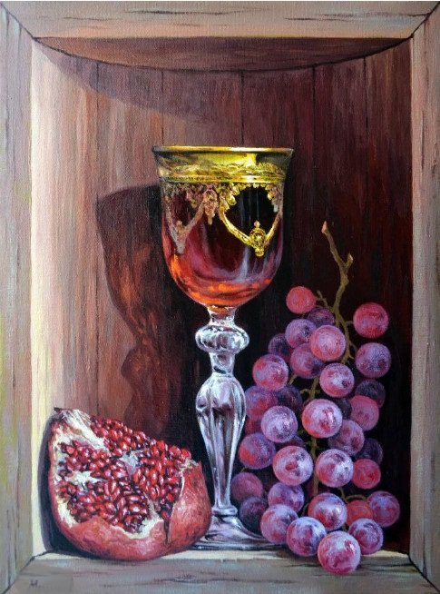 "Красное" худ. Александр Мельников - гранат, вино, бокал, виноград - оригинал