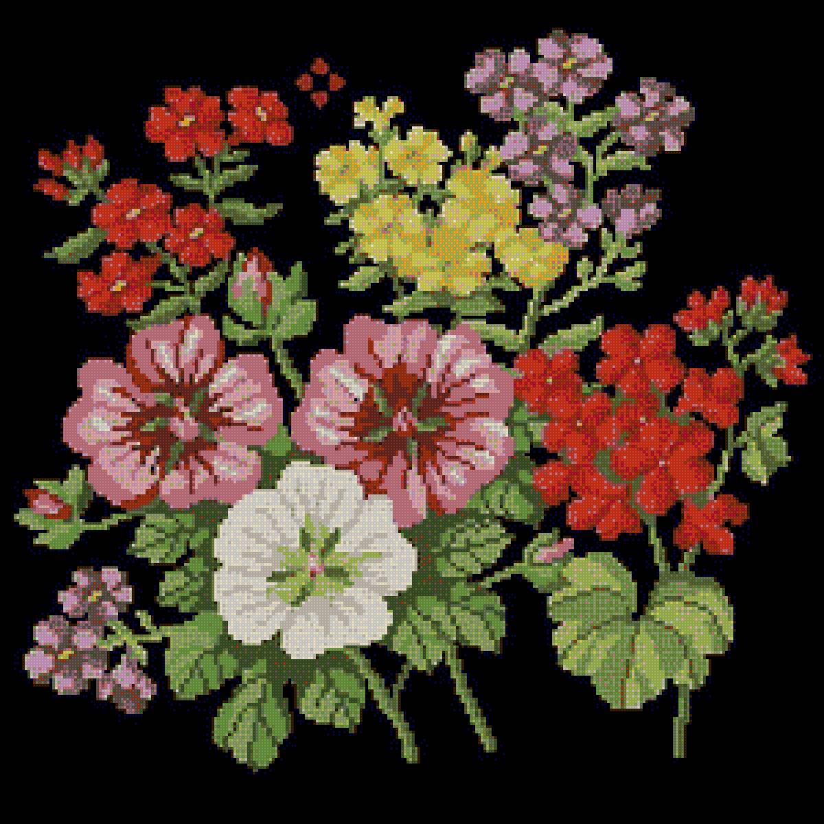 Цветы винтажные - винтажная вышивка, цветы, винтаж, цветы на черном фоне, орнамент - предпросмотр