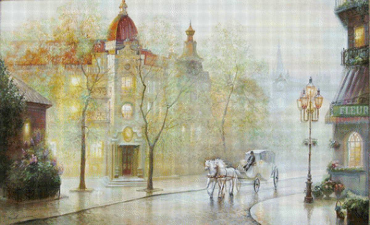 Городской пейзаж - дома, лошади, туман, улица - предпросмотр