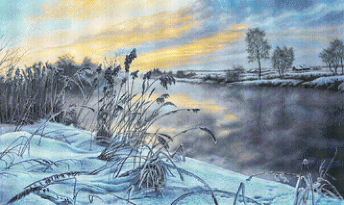 Худ. Суханов Игорь Евгеньевич. Зимний закат. - снег, река, пейзаж зима, природа - предпросмотр