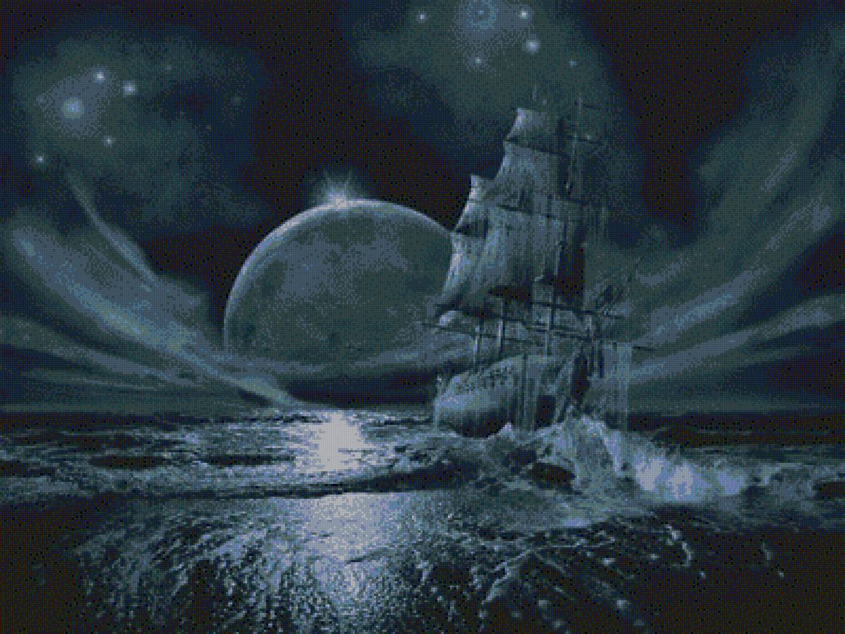 ночной  скиталец - фэнтези, морская тема, корабль, море, луна, ночь, плавание - предпросмотр