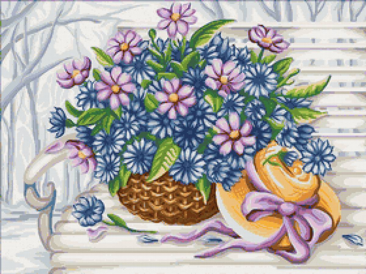 Цветы и шляпка - цветы, корзина, шляпка, букет - предпросмотр