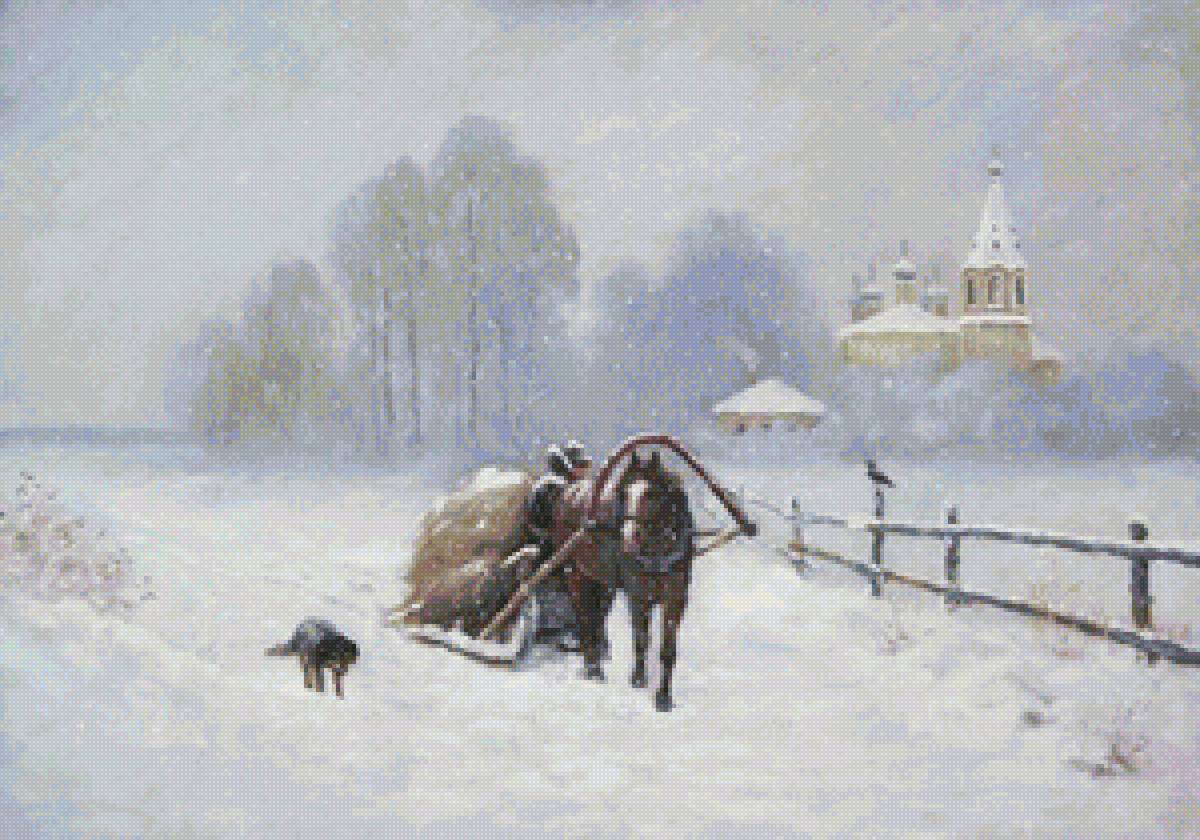 Худ. Соловьёв - пейзаж зима, лес, природа, сани - предпросмотр