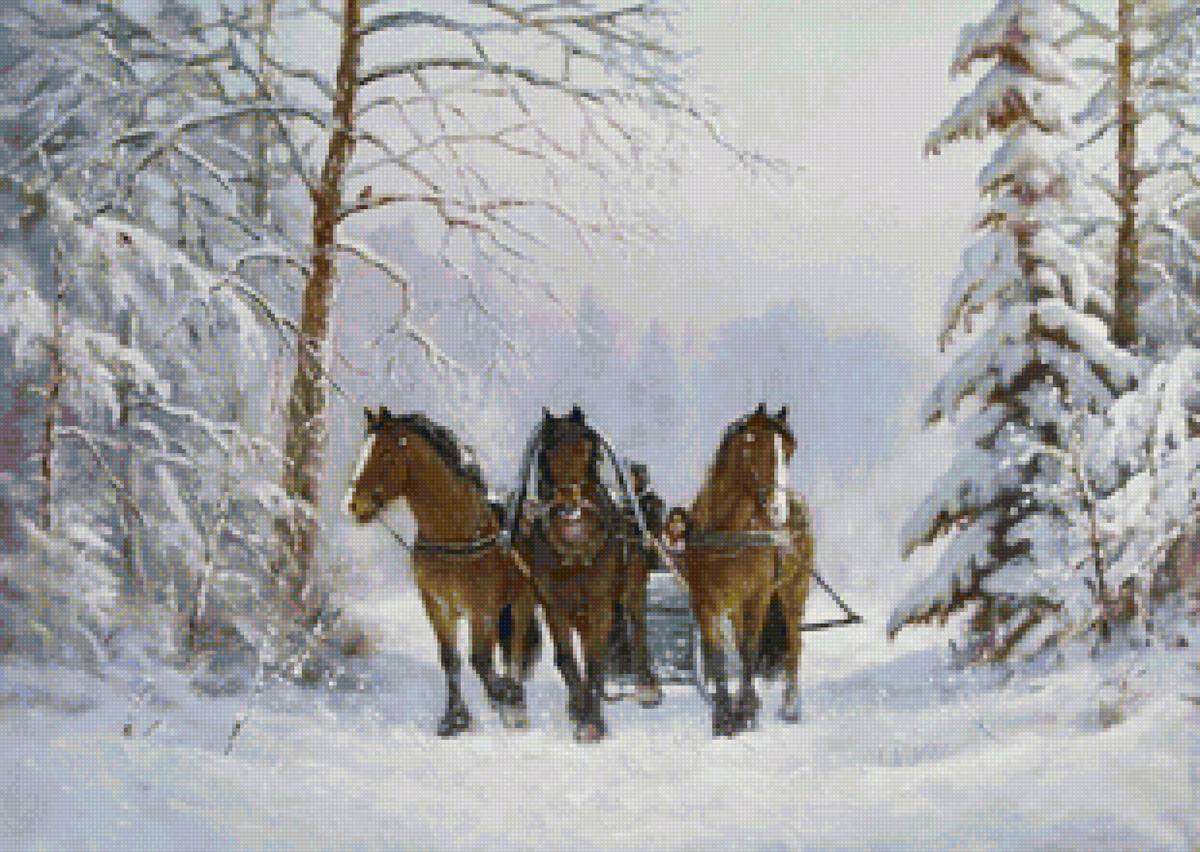 Худ. Соловьёв - сани, лес, пейзаж зима, природа - предпросмотр