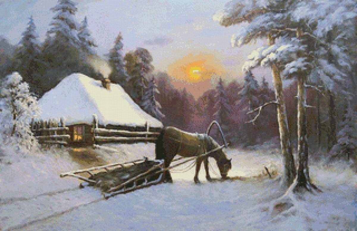 Худ. Соловьёв - сани, изба, пейзаж зима, лес, природа - предпросмотр