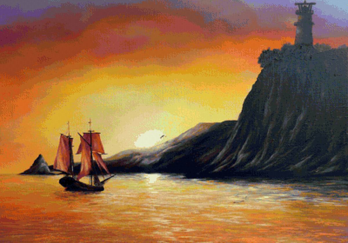 Худ. Чигарина - восход, пейзаж, маяк, море, парусник - предпросмотр