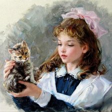 Схема вышивки «Девочка с котенком»