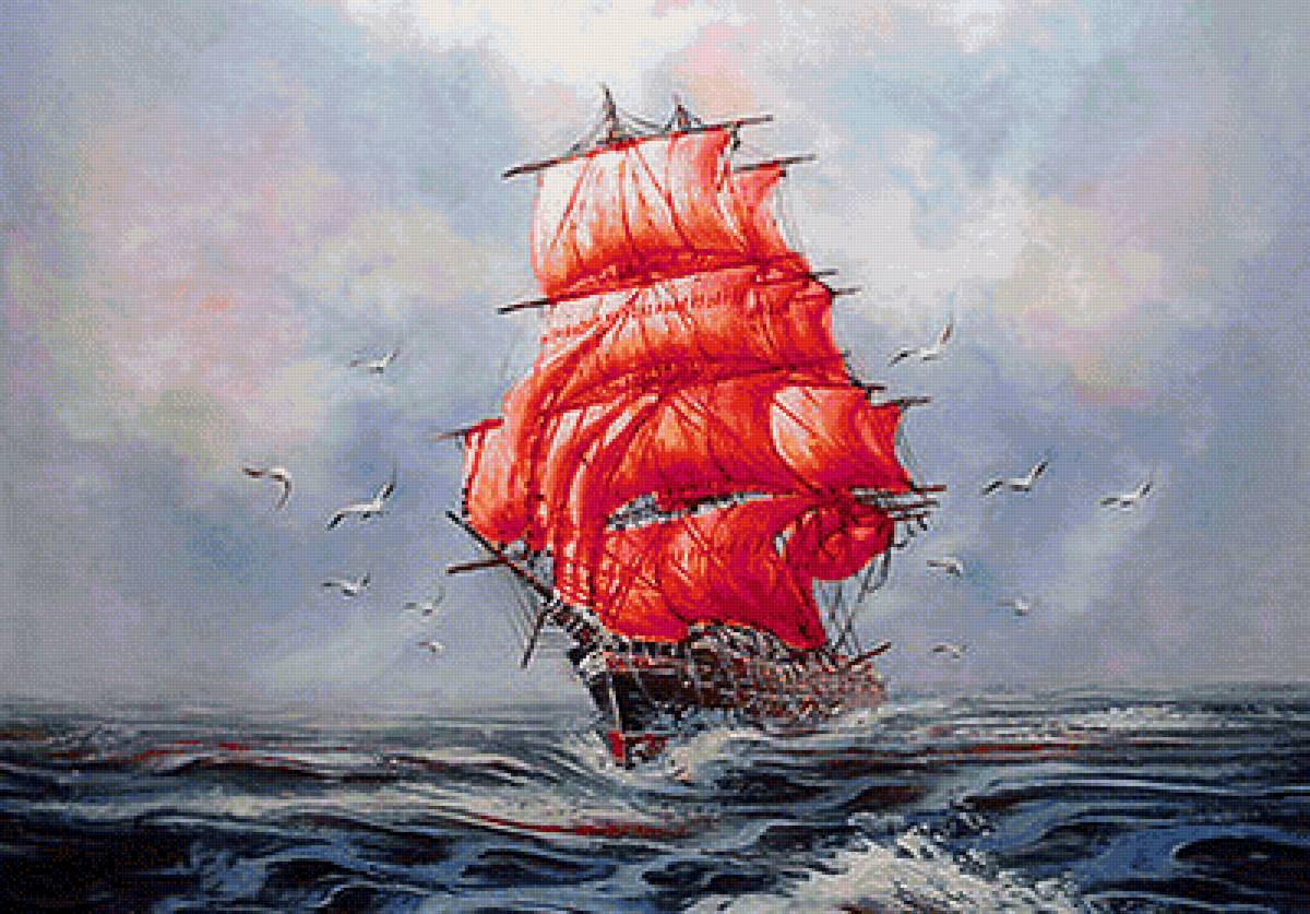 АЛЫЕ ПАРУСА - корабль, грей, пейзаж, асоль, море, чайки - предпросмотр