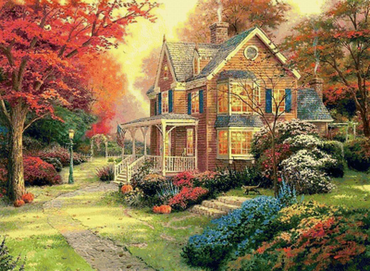 дом в осеннем лесу - картина, дом, природа, осень - предпросмотр