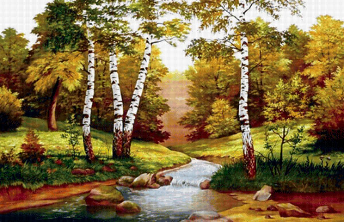 Пейзаж - березы, речка. - предпросмотр