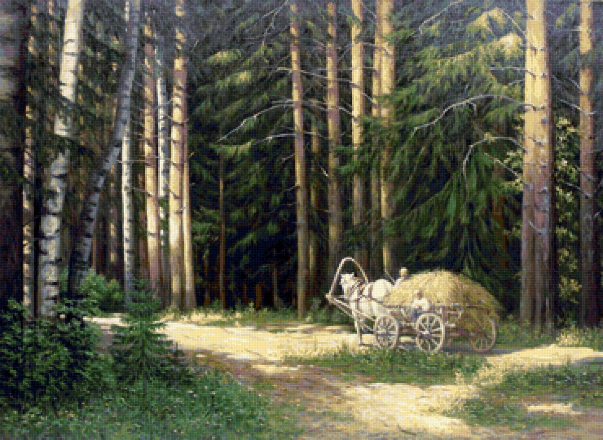 Худ. Алипов Сергей Владимирович - природа, повозка, пейзаж лето, лес - предпросмотр