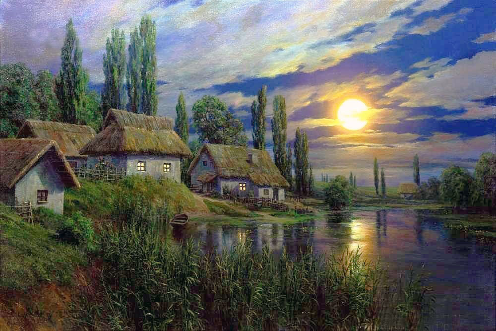 Худ. Андреев Александр - пейзаж лето, ночь, деревня, вода - оригинал