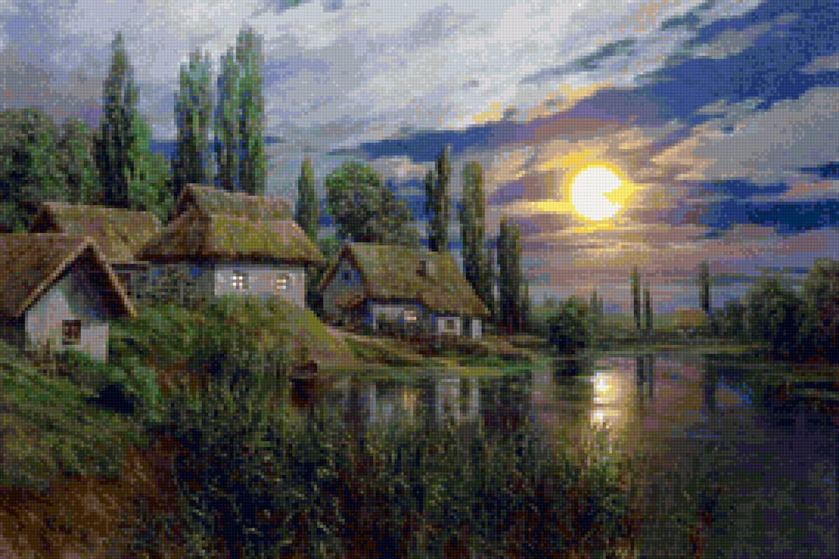 Худ. Андреев Александр - деревня, ночь, пейзаж лето, вода - предпросмотр