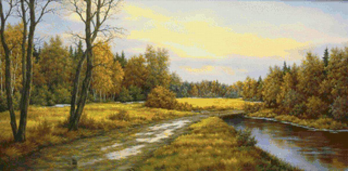 Худ. Анищенко Владимир ОСЕННИЙ ПЕЙЗАЖ С МОСТИКОМ) - природа, пейзаж осень река - предпросмотр