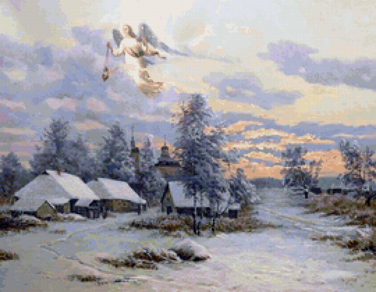 Худ. Геннадий Свирин - церковь, деревня, пейзаж зима, религия - предпросмотр